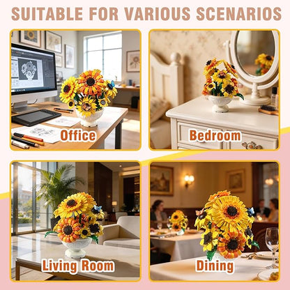 SameTech Sunflower Building Blocks Set with Vase Botanical Collection Artificial Flowers Table Centerpiece for Adults Home Office Decor/Valentine/Mother's Day/Thanksgiving/Easter/Birthday Gifts