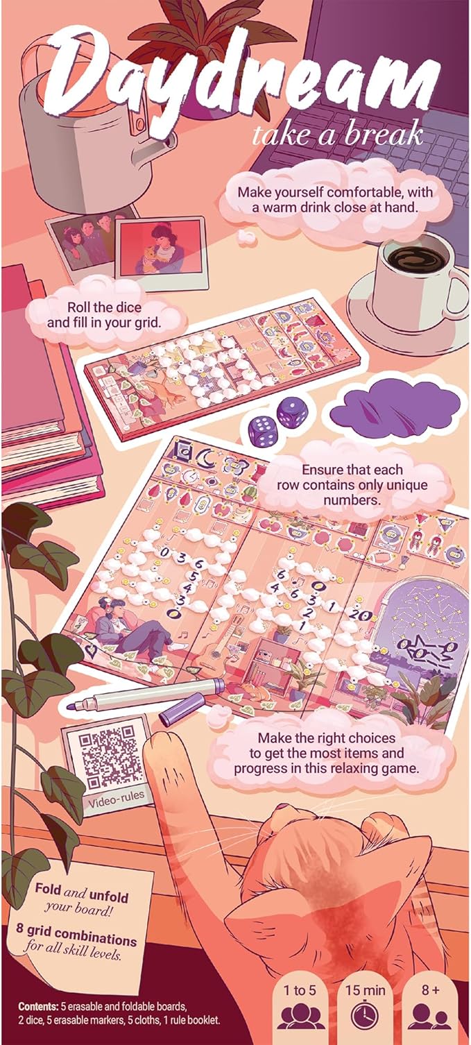 Daydream Board Game - Cozy Roll-and-Write Puzzle with Foldable Boards &amp 8 Sceneries Relaxing Strategy Game for Families &amp Friends Kids &amp Adults Ages 8+ 1-5 Players 15-30 Min Playtime