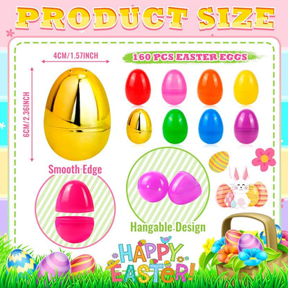 OCTERIC 160Pcs Easter Eggs, 2.3" Fillable Colorful Mix Gold Plastic Easter Eggs Empty for Easter Hunt, Easter Basket Stuffers, Party Favor, Classroom Prize Supplies