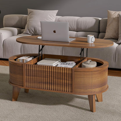 LYNCOHOME Fluted Lift Top Coffee Table with Storage,Modern Oval Coffee Table for Living Room or Home Office（Walnut）