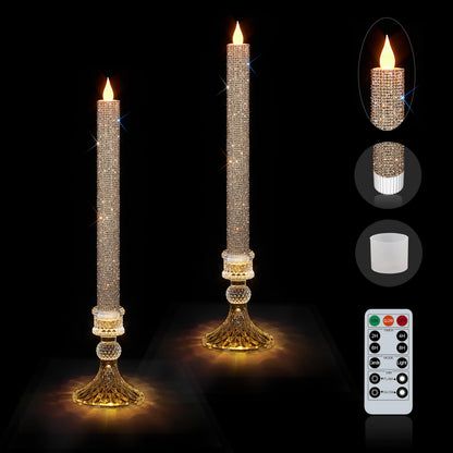 MISSTIME Flameless Taper Candles with Illuminated Crystal Glass Candle Holder - Remote Timer 2AA Battery Operated 500+ Hours Rose for Thanksgiving/Xmas Decor, Wedding Centerpiece (2 Pack)
