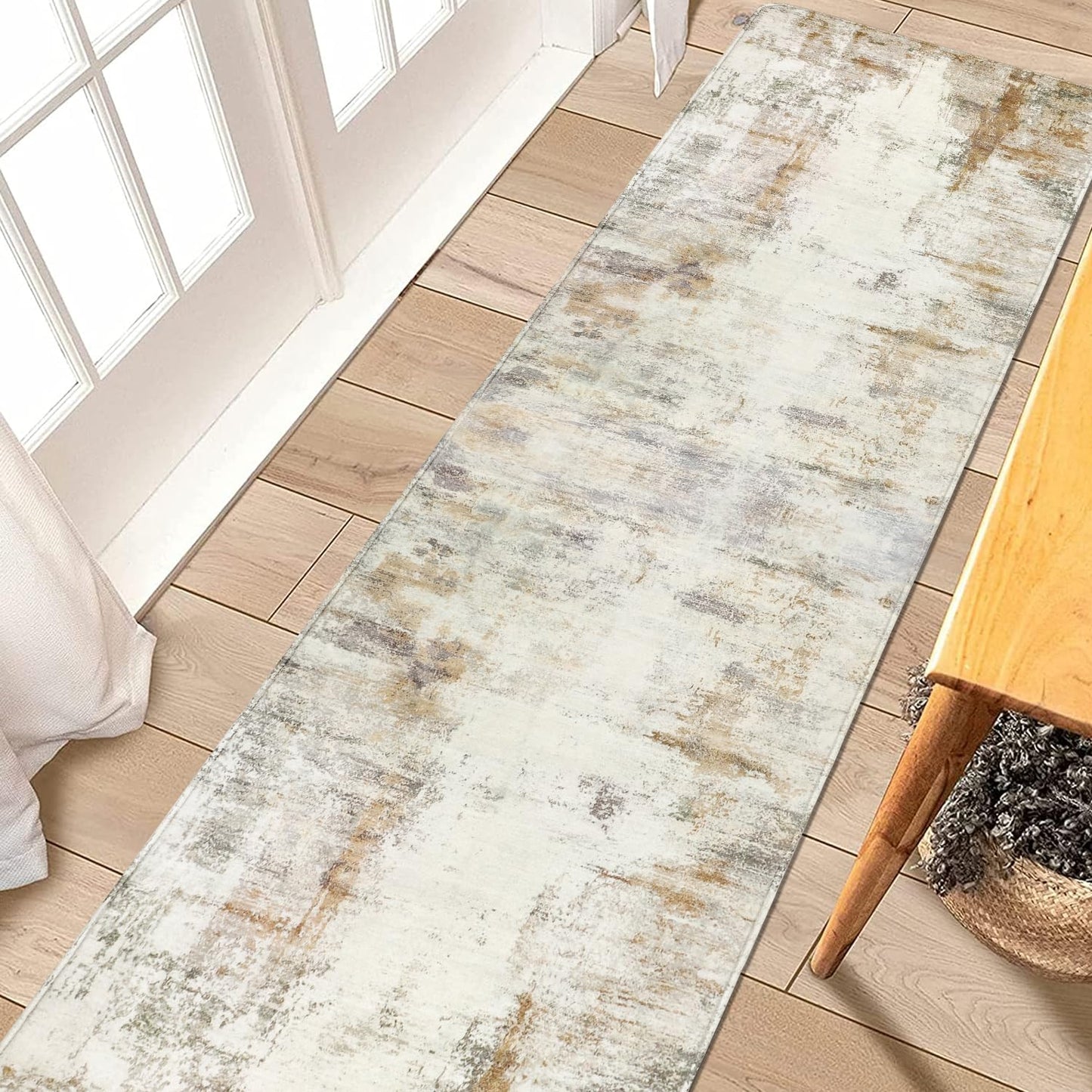 famibay Hallway Runner Rug 10 ft，Modern Washable Rug Runners for Hallways Non Slip Soft Wool Carpet Runner Low Pile Modern Abstract Long Runner Rug for Hallway Kitchen Bathroom(Beige/Camel)