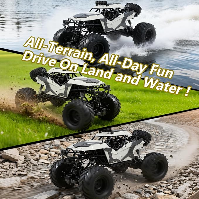 1:8 Large Amphibious RC Car – 4WD Waterproof Monster Truck Drives on Water &amp Land All Terrain Remote Control Truck with LED Lights Toy for Kids 3 Years and Up