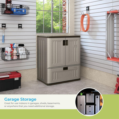 Suncast Base Storage Cabinet with Drawer for Garage Organization - Lockable Single-Drawer Organizer with Shelf for Garden Supplies, Paint Cans & Outdoor Tools, Multi-Wall Resin Construction, Platinum
