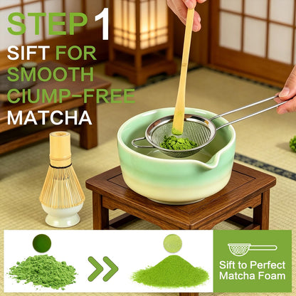 Matcha Whisk Set, 5pcs Japanese Ceremony Matcha Tea Kit Includes Ceramic Matcha Bowl with Spout, Bamboo Whisk & Holder, Traditional Scoop, Stainless Sifter, Gift for Matcha Lovers Beginner
