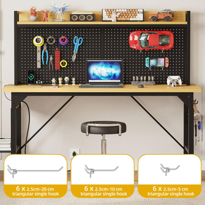 DWVO 60" Adjustable Workbench with Pegboard, Heavy Duty Wood Top Work Bench with Wheels, 1600 LBS Load Capacity, Rolling Work Table with AC/USB Outlet, Hooks, Rack for Garage, Workshop, Office, Home