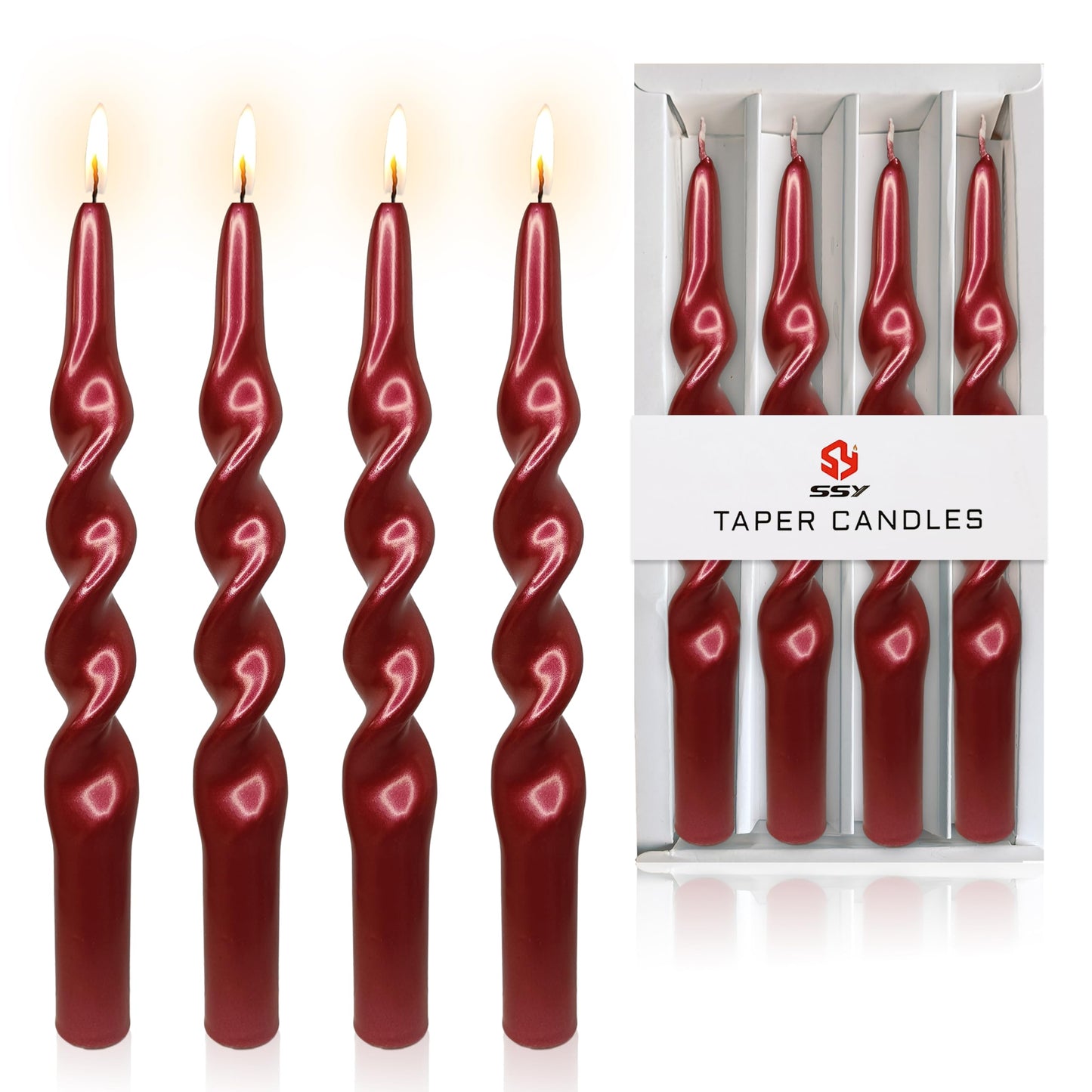 Christmas Spiral Candles Metallic Red Taper Candles -10 in Unscented Candlestick for Winter Gift Holiday Christmas Home Decoration Candles, 4 Pack