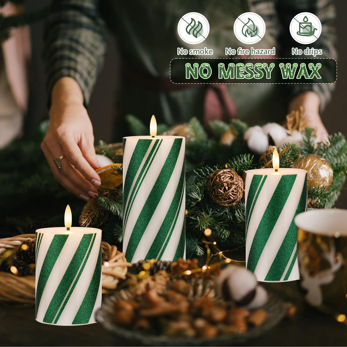 AFINETH Candy Cane Stripe Flameless Candles with Remote, Green Battery Operated Pillar Candles Real Wax, Flat Top Flickering Christmas LED Candle Decorations for Xmas, Home, Party Decor, Set of 3