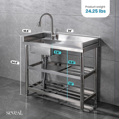 Seveat Freestanding Stainless Steel Utility Sink with Pull-Out Faucet | Laundry Tub with Bottom Shelf | Heavy-Duty for Garage, Basement, Mudroom, Workshop & Outdoor Use (Silver)
