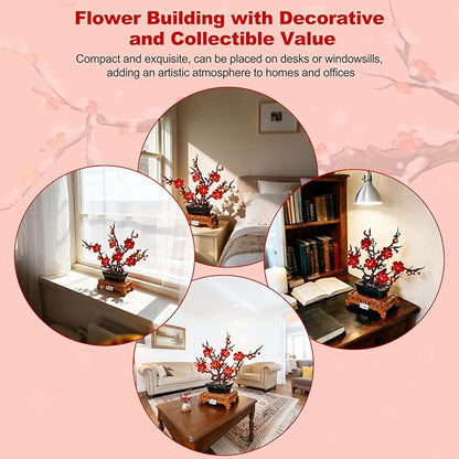Plum Blossom Building Sets Red Plum Buiding Blocks Artificial Flowers for Table Decor Plants Collection Blocks Kit for Living Room Home Office Christmas &amp Birthday Gifts for Ages 14+ 692PCS
