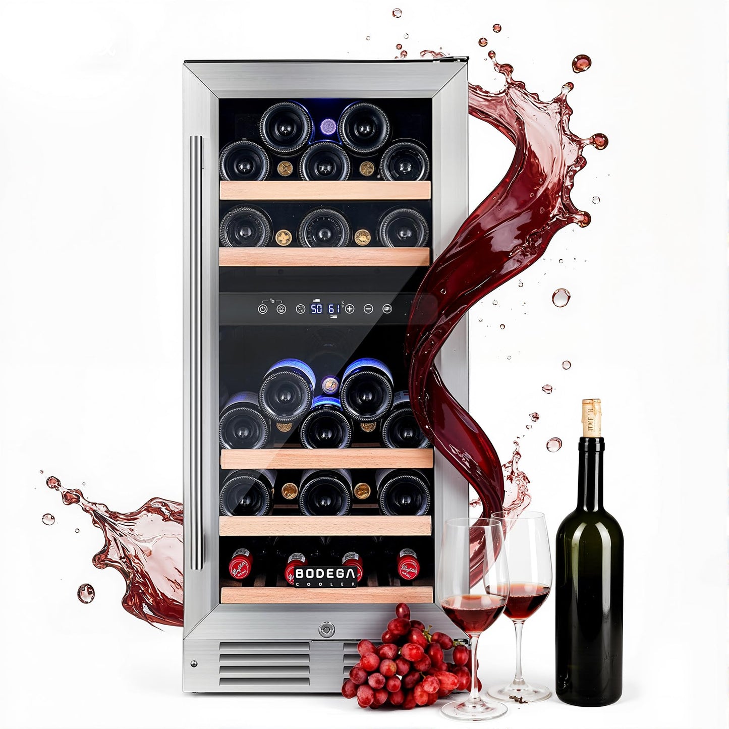 BODEGA 15 Inch Dual Zone Wine Cooler, 30 Bottle Compressor Wine Fridge with 41-72°F Temp Control, Built-in & Freestanding, UV-Protected Glass Door, Stainless Steel – for Home Bar, Kitchen.