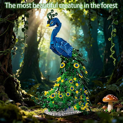 Flowers Peacock Building Block Set Fly Animal Art Bird Peacock on Botanicals Green Vivid Feather DIY Bonsai Tree Bricks Kit Home Office Decor Ideal Valentine's Day Toy Gift for Lover Teen(807PCS)