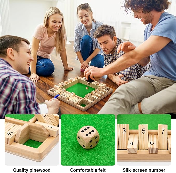 Ropoda Wooden Shut The Box Game (2-4 Players) - Large 4 Sided Board 8 Dice Rules - Amusing Addition Game for Kids &amp Adults 12 Inch