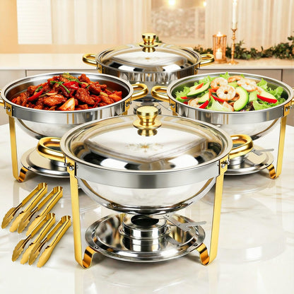 ALSO GO Round Chafing Dishes for Buffet with 4 Serving Tongs, 4 Pack 6QT Chafing Dishes Buffet Set, Golden Stainless Steel Catering Food Warmer for for Party, Gathering,Wedding