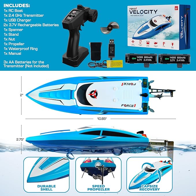 Force1 Velocity Blue Fast RC Boat- Remote Control Boats for Adults and Kids Underwater Speed Racing Mini RC Boats for Pools and Lakes 2.4GHZ Transmitter 2 Rechargeable Batteries Low Battery Alert
