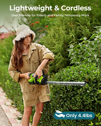 20'' Hedge Trimmers Cordless with 2pcs 4000mAh Battery, Brushless Electric Bush Clipper with Rechargeable Batteries, 3000RPM 180° Rotatable Head, 2/3'' Blade Gap Green,Gifts for Father’s Day