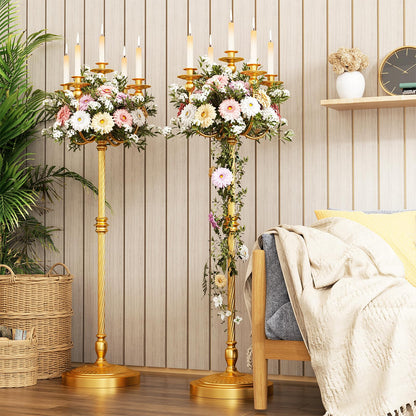 mopam 2 Pcs Floor Candelabra 50 Inch Gold Candelabra Centerpiece 5 Arms Floor Standing Candelabra Gold Candlestick Holder Antique Candle Holder Decorative for Party, Ceremony, Wedding (Line Styling)