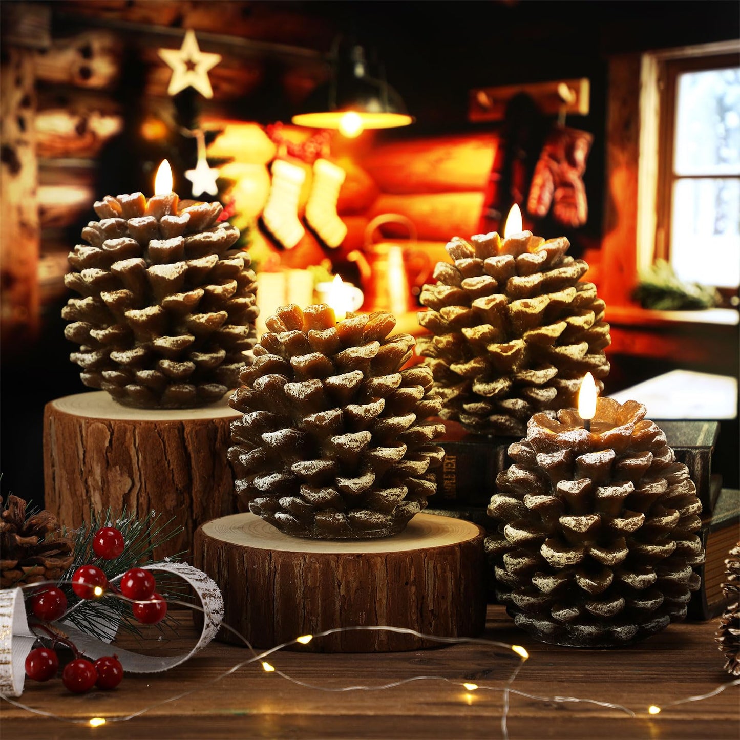 Baquler 4 Pcs LED Pine Cone Candles, Battery Operated, Flameless, Real Wax Pine Cone Candles with LED Flickering for Christmas Party Decoration