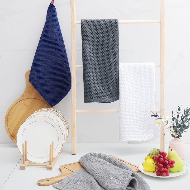 Homaxy 100% Cotton Waffle Weave Kitchen Dish Towels, Ultra Soft Absorbent Quick Drying Cleaning Towel, 13 x 28 Inches, 4-Pack, Light Gray