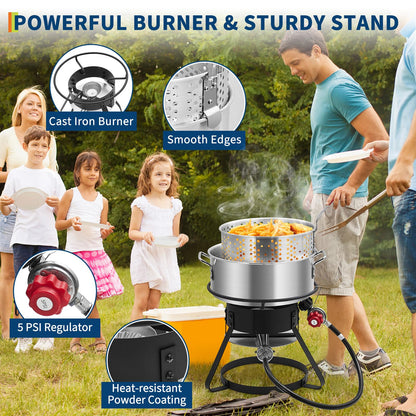 dainslef 11QT Outdoor Fish Fryer Pot with 6.7QT Strainer Basket, 58,000 BTU Aluminum Propane Deep Fryer Pot for Seafood & Fries, Portable Camping/Backyard Outdoor Cooking