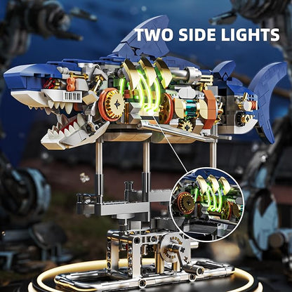 687-PCS Mechanical Shark Building Set with LED Light Movable Linkage Gears Display Stand - Ocean Building Block Toy for Adults Teens Kids Age 12+