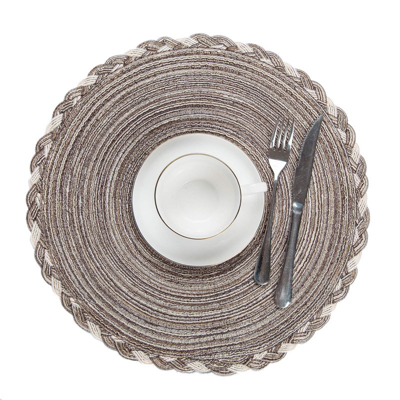 SHACOS Round Placemats Set of 6 Braided Glitter Round Table Placemats 15 inch for Wedding Holiday Party (Multicolor - Light Coffee, 6)