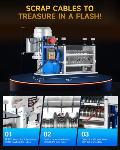 CREWORKS Electric Wire Stripping Machine, 11 Channel Automatic Wire Stripper for 0.06-1.6 in. Copper Wires, 550W Cable Stripper Machine with 10 Blades, Electric Wire Stripper for Workshop Recycling