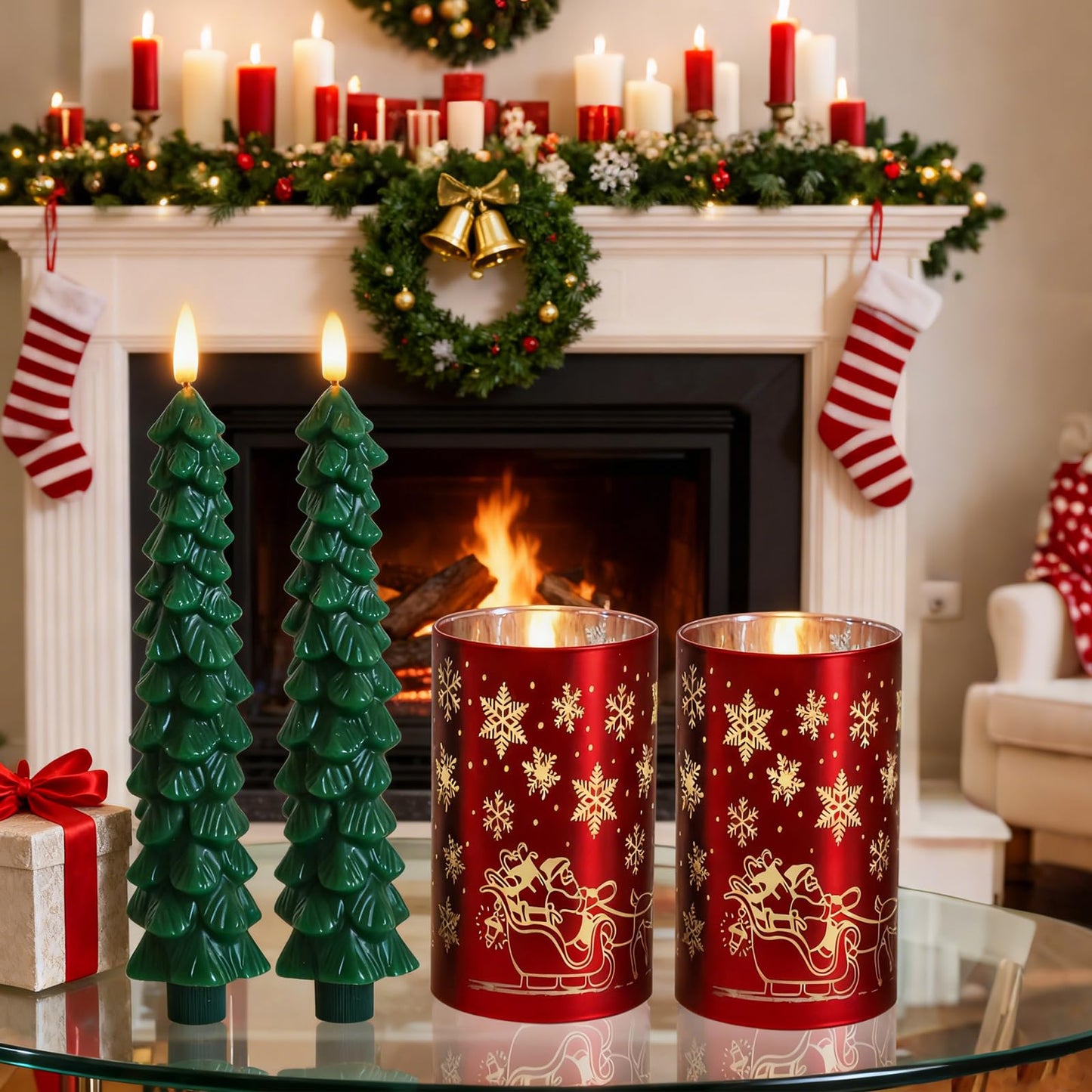 Lezonic Christmas Flameless Candles with Remote, Green Christmas Tree Flickering Battery Operated Window Candlesticks, Red Glass Xmas New Year Decorations Gifts, Set of 4 Real Wax LED Candles