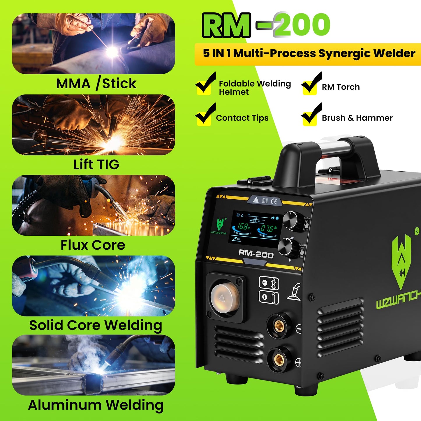 WZWANCHI 200A Aluminum MIG Welder 110V/220V, Flux MIG/MIG/Single Pulse MIG/Stick/Lift TIG 5 In 1 MIG Welding Machine With LED Display, Heavy Duty Flux Cored MIG Welder For Indoor Outdoor