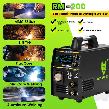 WZWANCHI 200A Aluminum MIG Welder 110V/220V, Flux MIG/MIG/Single Pulse MIG/Stick/Lift TIG 5 In 1 MIG Welding Machine With LED Display, Heavy Duty Flux Cored MIG Welder For Indoor Outdoor