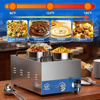 TOPKITCH ETL Listed Commercial 12L Soup Warmer with 3×4L Pot，Drain,Seamless One-piece Tank,86-185℉ Adjustable Thermostat,TempLimiter-120V/1200W Commercial Bain Marie Electric Food Warmer