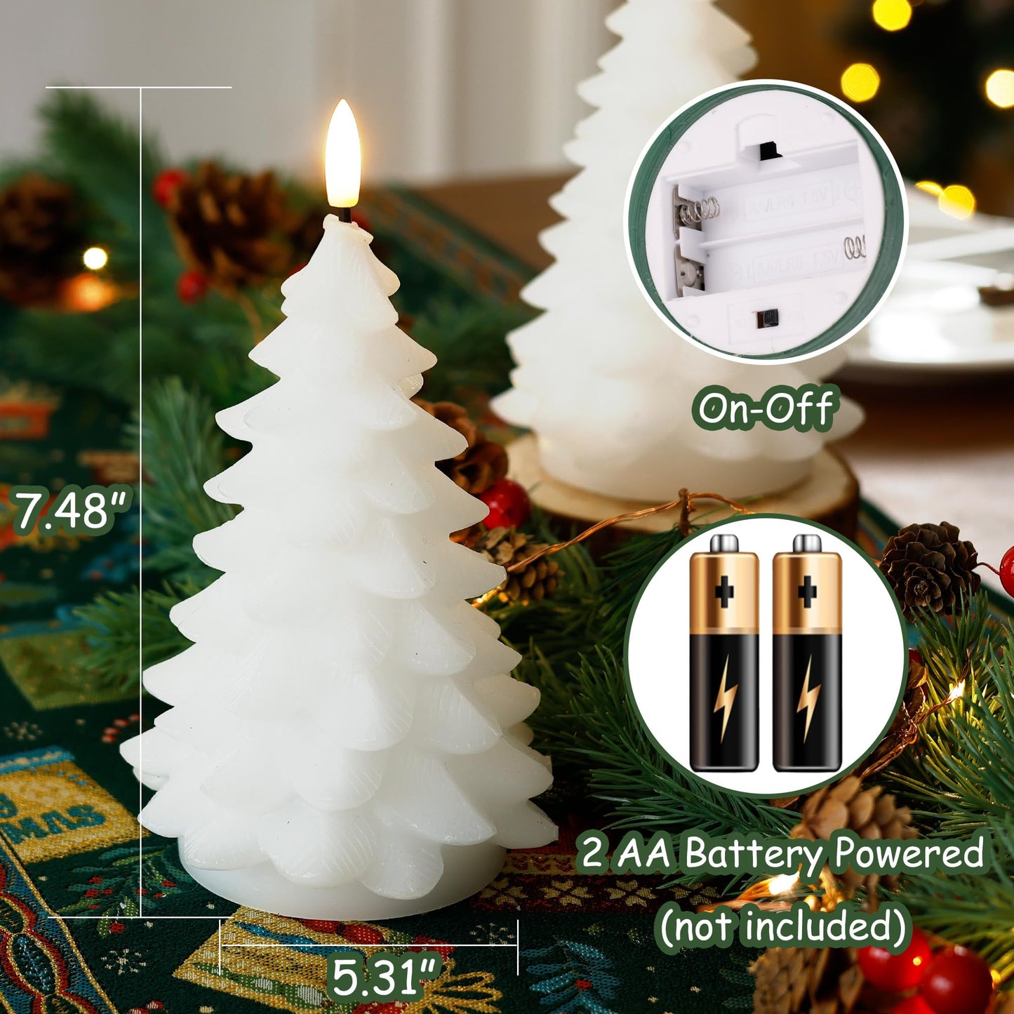 JOIONE Christmas Tree Flameless Candles with Remote Timer,Battery Operated Flickering Candles, LED Real Wax Candles for New Year Celebration, Christmas Decor, Set of 2, White (3.15" X 7.48")