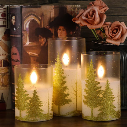 DRomance Christmas Tree Glass Flameless Candles with Remote Timer Battery Operated Real Wax 3D Wick LED Flickering Pillar Candles Christmas Holiday Decor(Gold, 3 x 4,5,6 Inch)