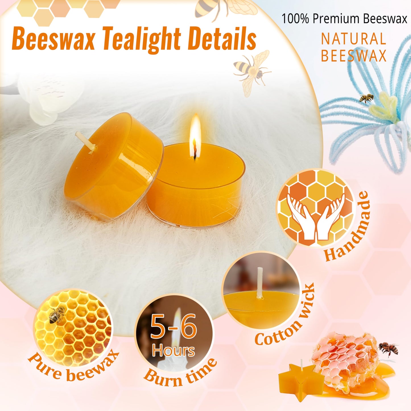 Round Shape Beeswax Tealight Candles, 24 Pack Handmade Natural Beeswax Tea Light Candles Set, Clear Cup Yellow Bees Wax Tealight 6 Hour Burn Time for Home Decor, Shabbat, Wedding, Emergency