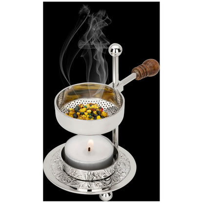 Adjustable Resin Incense Burner/Incense Censer with Tealight and Wooden Handle – HANDCRAFTET Nickel-Plated Brass, Height 4.33 inch, Durable Aromatherapy Holder for Safe Burning