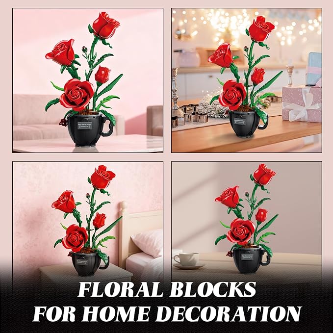 Red Roses Flowers Building Block Set with Coffee Cup Vase for Adults Compatible with Lego Flower 450PCS Rose Botanical Collection Kit for Valentine's Day Home Decor Gift for Girlfriend/Wife/Mom