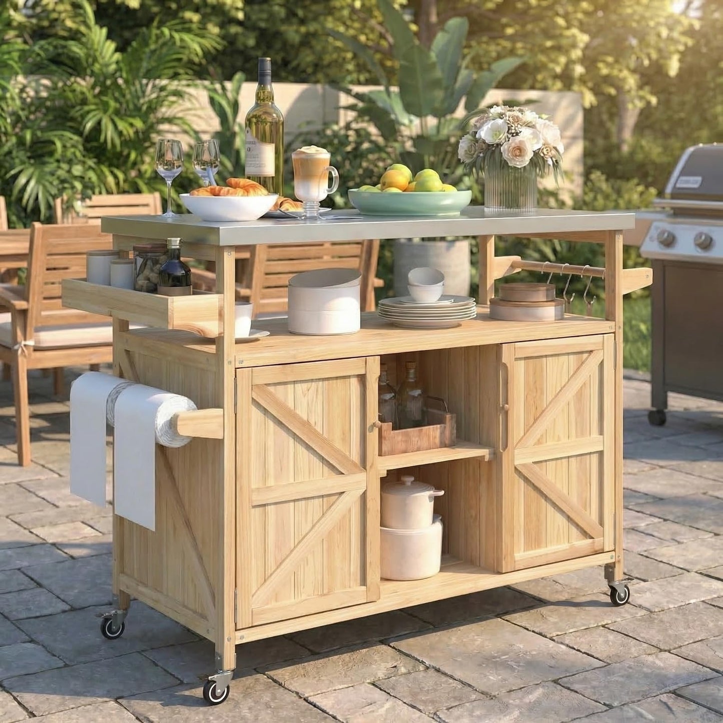 Waully 50.25" Outdoor Kitchen Island with Wheels for Food Prep, Strage, Bar, Rolling Outdoor Grill Table for Outside, Outside Cooking Table, Grill Carts, Cooking Station, Modular, Solid Wood, Natural