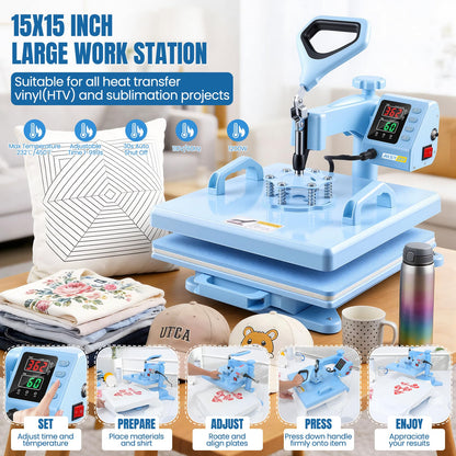 AKEYDIY Heat Press 15x15 inch 5 in 1 with 30OZ Tumbler Press, 360° Swivel Away Slide Out Digital Shirt Press Machine, Industrial Heat Transfer Machine Sublimation for T-Shirt (15x15-5 in 1 Blue)