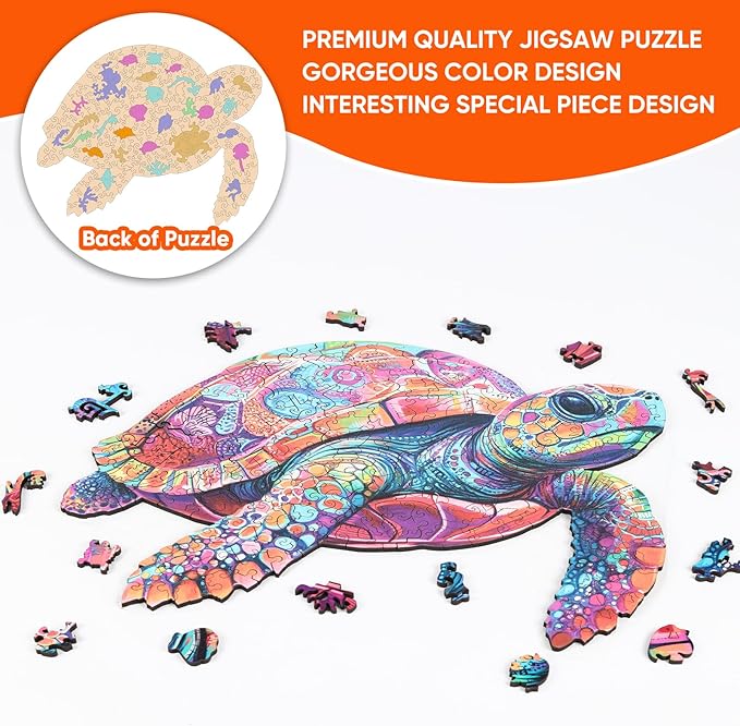 Mys Aurora Colorful Turtle Puzzles for Adults 200 Pieces 5MM Thick Wooden Jigsaw Puzzles Unique Shape Puzzle Ocean Wood Puzzles for Adults and Kids Birthday Gifts Family Game 11.4 * 11.4 inches