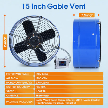 15" Attic Exhaust Fan with Thermostat - 1300CFM Gable Vent Fan with Thermostat Covers 1850 Sq.ft, Plug-and-Play Gable Attic Fans with 20FT Power Cord & 60Hz Motor Low Noise for Home Garage Shed