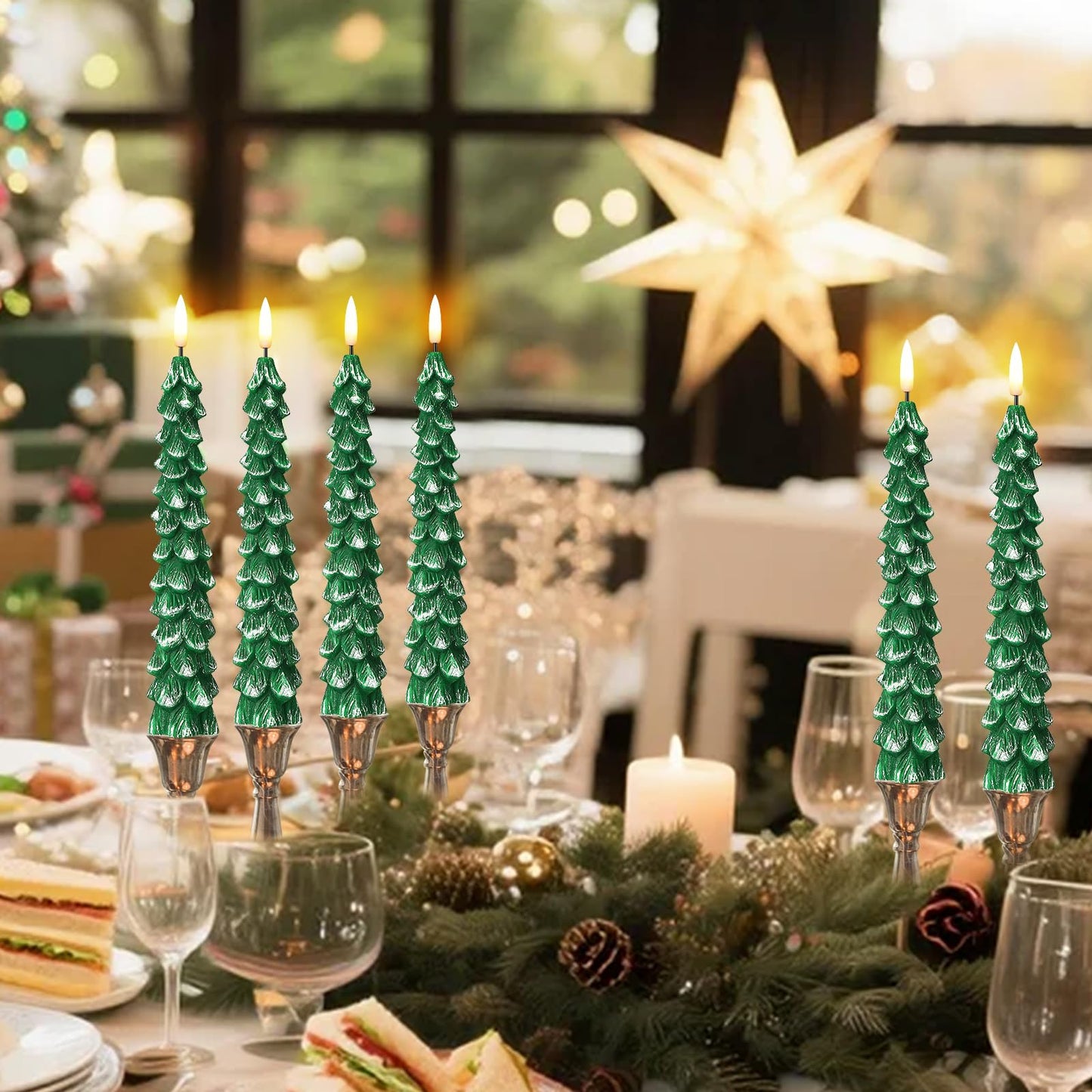 Enhon 3 Pcs Christmas Tree Flameless Taper Candles Battery Operated with Remote and Timer, Real Wax LED Candles, Warm 3D Wick Flickering Lifelike Leaves, Xmas Dinner Holiday Decoration(Green, Silver)