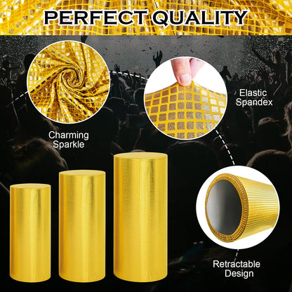 SaitiMade Set of 3 Gold Cylinder Pedestal Stand Covers, 3pcs Spandex Disco Cylinder Stand Covers for Party, Wedding or Birthday Event Decor (Only Contains Cylinder Covers)