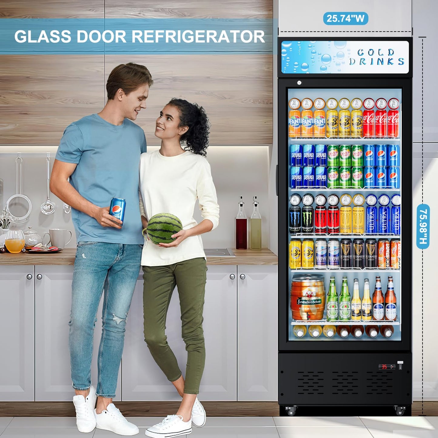 ECEVT 25.7'' W Commercial Refrigerators with Glass Door, 15 Cu.ft. Beverage Refrigerators Commercial Fridge Upright Display Cooler with Soft LED Light and Adjustable Shelves for Restaurant Stores