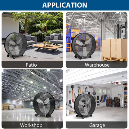MilleLoom 30 in Industrial Drum Fan, 3-Speed High Velocity Floor Fan, Heavy Duty Metal Air Circulator with Caster Handle for Patios, Warehouses, Commercial, Factories and Workshops