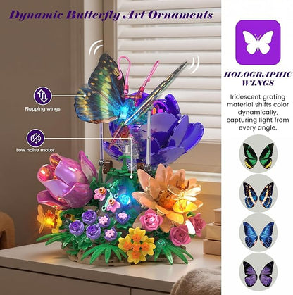 Butterfly Building Sets with Moving Wings &amp LED Lights Botanical Flowers Collection Building Blocks for Adults Butterfly Gifts Model Building Kits for Mom Girlfriend Wife on Birthday Valentine's