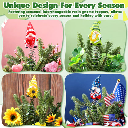 Gejoy 12 Pcs Mini Interchangeable Gnome Tree Topper, Valentine's Day Seasonal Resin Gnome Ornaments 5.1'' Miniature Christmas Tree Toppers for Year Round Gift, Office Home Decor, 1 Spring