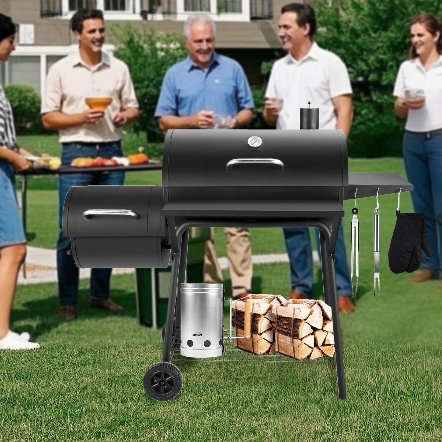 Charcoal Grill with Offset Smoker,BBQ Grills with Side Table,Outdoor Cooking with 714 Square Inches,Backyard Camping Picnics, Patio and Parties, Black by DNKMOR