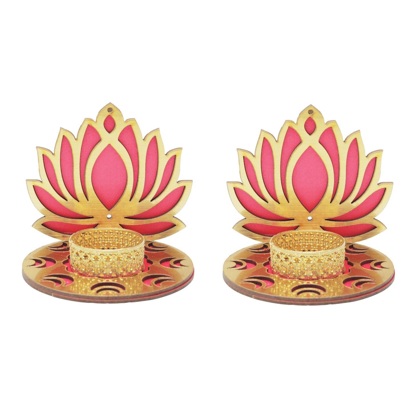 Set of 2 Decorative MDF Wooden Pink Golden Lotus T Light Holder Candle Stand Tealight Holder Indian Traditional Festival Diwali Decorations Lighting Accessories (Without Wax)(Size:-4" Inches) (Pink-1)