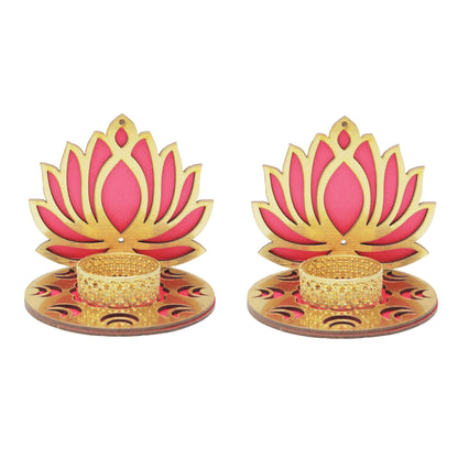 Set of 2 Decorative MDF Wooden Pink Golden Lotus T Light Holder Candle Stand Tealight Holder Indian Traditional Festival Diwali Decorations Lighting Accessories (Without Wax)(Size:-4" Inches) (Pink-1)