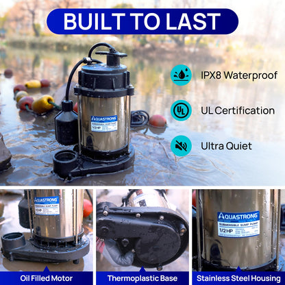 AQUASTRONG 1/2 HP Sump Pump, 3450 GPH Stainless Steel and Thermoplastic Submersible Water Pump, Automatic Float Switch with Piggy-back Plug,1-1/2" NPT Discharge Subpumps for Basement and Flooding Area